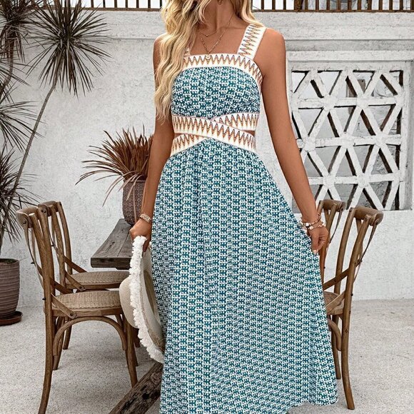 Blue Casual Women's Printed Patchwork Woven Belt Sleeveless Hollow Out Dress - Picture 3 of 6